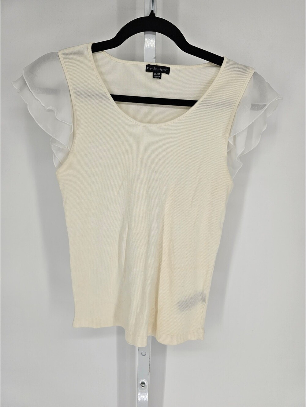 By Design White Rib Mesh Ruffle Sleeve Scoop-Neck Blouse Size XL
